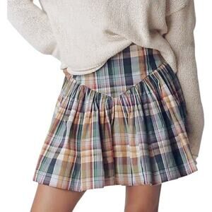 Maeve Basque-Waist Flirty Mini Circle Skirt Women’s Large Blue Plaid Pleated NEW